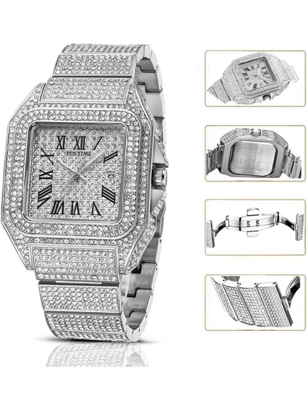 Stylish Hip Hop Men's Bling Crystal Watch | Rectangle Case, Stainless Steel